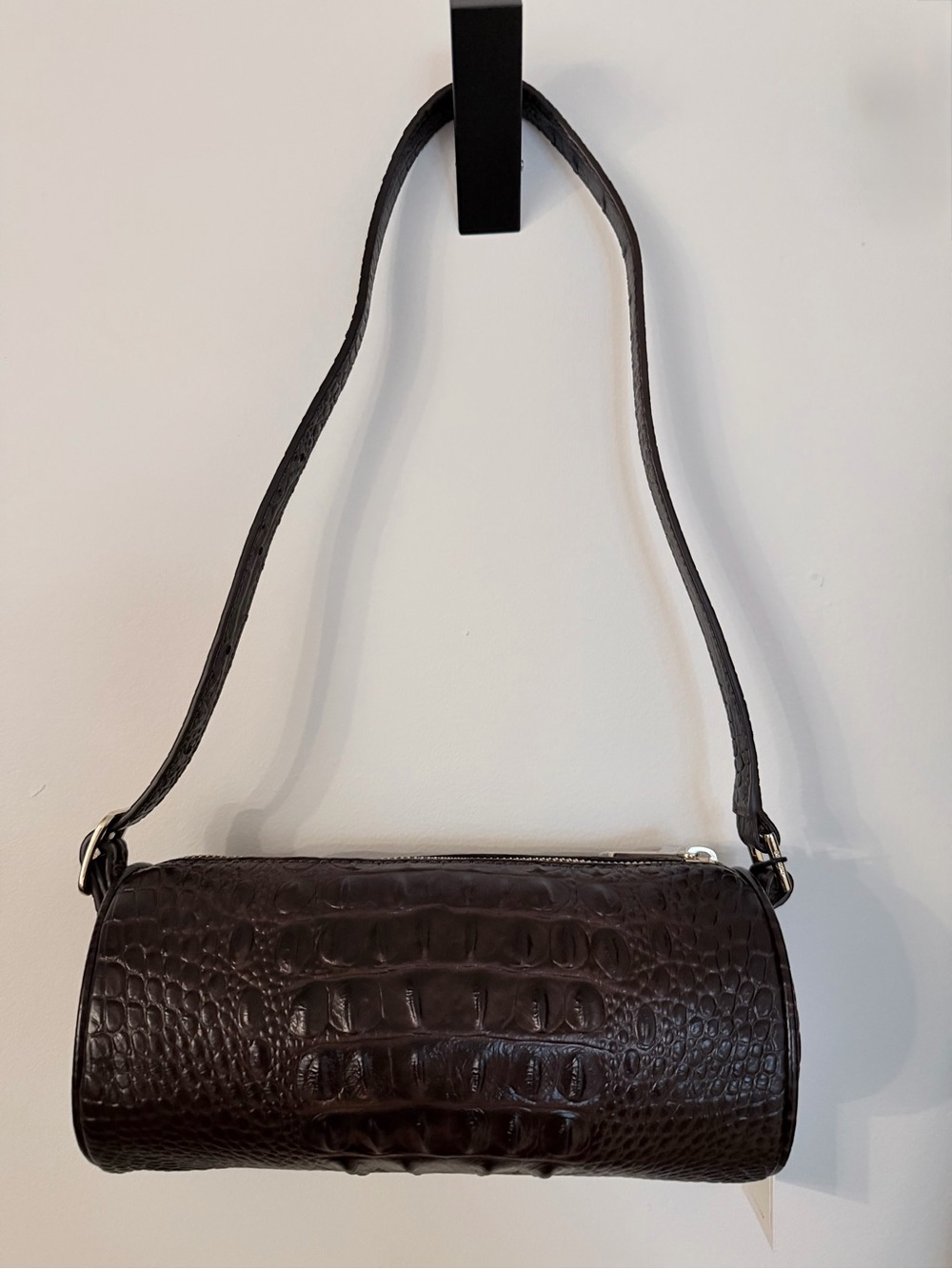 Brahmin Chocolate Croc-Embossed Barrel Shoulder Bag